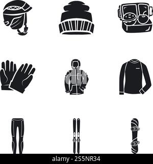 Symbolsatz für Snowboardausrüstung. Einfacher Satz von 9 Snowboardausrüstung Vektorsymbole für Webdesign isoliert auf weißem Hintergrund. Snowboardausrüstung Icon Set, einfacher Stil Stock Vektor