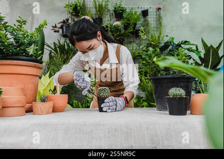 Asiatische Gärtnerin trägt Gesichtsmaske und Schürze mit Schaufel, um Kakteen und Zimmerpflanzen zu transplantieren und sich um Pflanzen zu Hause, Hobby oder klein zu kümmern Stockfoto