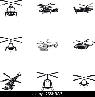 Symbolsatz für Hubschrauberreisen. Einfacher Satz von 9 Hubschrauber Reise Vektorsymbolen für Web-Design isoliert auf weißem Hintergrund. Hubschrauberrundflug-Symbol-Set, einfacher Stil Stock Vektor
