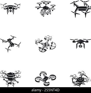 Symbolsatz für die Bereitstellungsdrohne. Einfacher Satz von 9 Lieferdrohnen-Vektorsymbolen für Webdesign isoliert auf weißem Hintergrund. Lieferung Drohnen-Icon-Set, einfacher Stil Stock Vektor