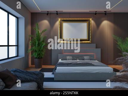 3D-Illustration, Modellfotorahmen an der Wand des Schlafzimmers, Innenraum von komfortabel mit Luxus und schönen Möbeln, Rendering Stockfoto