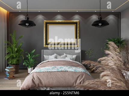 3D-Illustration, Modellfotorahmen an der Wand des Schlafzimmers, Innenraum von komfortabel mit Luxus und schönen Möbeln, Rendering Stockfoto