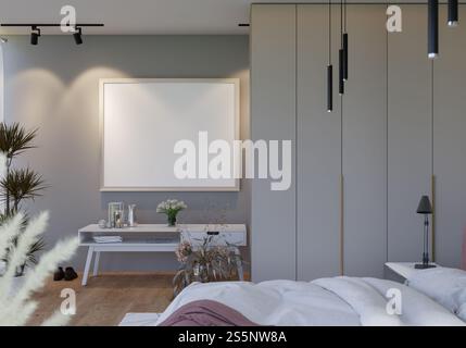 3D-Illustration, Modellfotorahmen an der Wand des Schlafzimmers, Innenraum von komfortabel mit Luxus und schönen Möbeln, Rendering Stockfoto