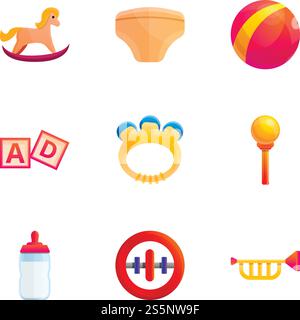Kinderspielzeugset. Zeichentricksatz von 9 Kinderspielzeugen Vektor-Icons für Webdesign isoliert auf weißem Hintergrund. Kinderspielzeug-Icon-Set, Cartoon-Stil Stock Vektor