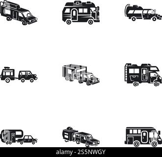 Symbolsatz für mobiles Wohnmobil. Einfacher Satz von 9 Vektorsymbolen für mobile Wohnmobile für Webdesign isoliert auf weißem Hintergrund. Mobiles Wohnmobil-Symbol-Set, einfacher Stil Stock Vektor