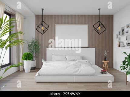 3D-Illustration, Modellfotorahmen an der Wand des Schlafzimmers, Innenraum von komfortabel mit Luxus und schönen Möbeln, Rendering Stockfoto