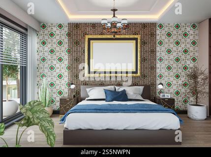 3D-Illustration, Modellfotorahmen an der Wand des Schlafzimmers, Innenraum von komfortabel mit Luxus und schönen Möbeln, Rendering Stockfoto