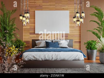 3D-Illustration, Modellfotorahmen an der Wand des Schlafzimmers, Innenraum von komfortabel mit Luxus und schönen Möbeln, Rendering Stockfoto
