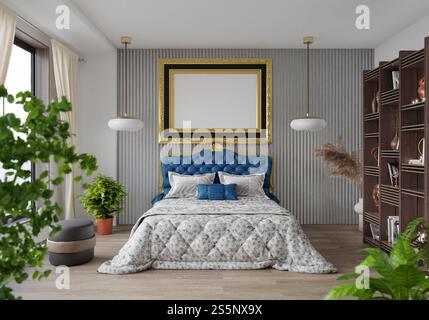 3D-Illustration, Modellfotorahmen an der Wand des Schlafzimmers, Innenraum von komfortabel mit Luxus und schönen Möbeln, Rendering Stockfoto