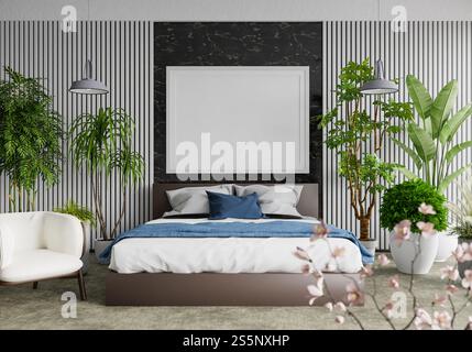 3D-Illustration, Modellfotorahmen an der Wand des Schlafzimmers, Innenraum von komfortabel mit Luxus und schönen Möbeln, Rendering Stockfoto