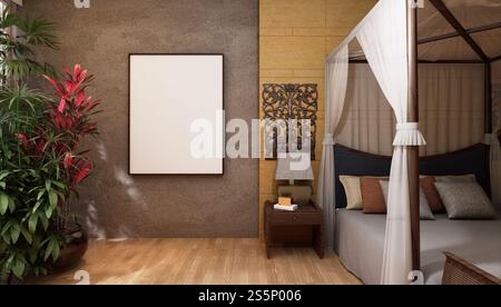 3D-Illustration, Modellfotorahmen an der Wand des Schlafzimmers, Innenraum von komfortabel mit Luxus und schönen Möbeln, Rendering Stockfoto