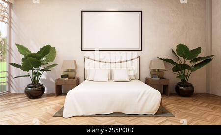 3D-Illustration, Modellfotorahmen an der Wand des Schlafzimmers, Innenraum von komfortabel mit Luxus und schönen Möbeln, Rendering Stockfoto