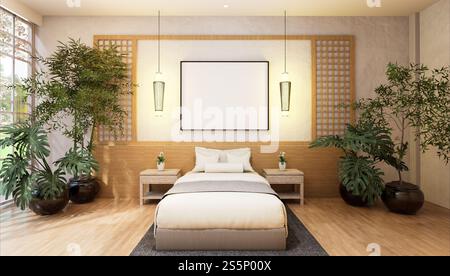 3D-Illustration, Modellfotorahmen an der Wand des Schlafzimmers, Innenraum von komfortabel mit Luxus und schönen Möbeln, Rendering Stockfoto