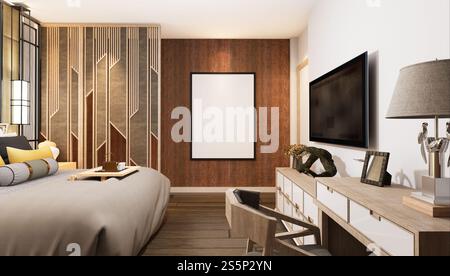 3D-Illustration, Modellfotorahmen an der Wand des Schlafzimmers, Innenraum von komfortabel mit Luxus und schönen Möbeln, Rendering Stockfoto