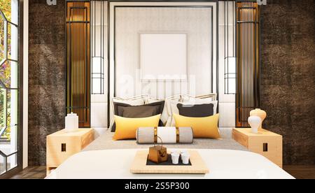 3D-Illustration, Modellfotorahmen an der Wand des Schlafzimmers, Innenraum von komfortabel mit Luxus und schönen Möbeln, Rendering Stockfoto