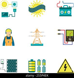 Symbolgruppe Energie des Solarmoduls. Flacher Satz von 9 Solarmodul-Energievektorsymbolen für Webdesign isoliert auf weißem Hintergrund. Energiesymbol-Set für Solarmodule, flach Stock Vektor