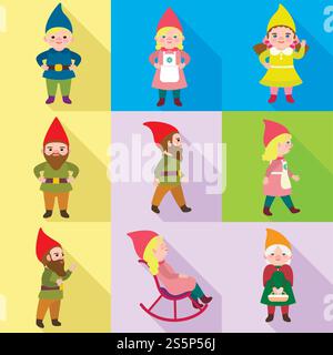 Feen-Gnome-Symbolsatz. Flacher Satz von 9 Feen-Gnome-Vektorsymbolen für Webdesign isoliert auf weißem Hintergrund. Feen-Gnome-Symbol-Set, flacher Stil Stock Vektor