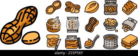 Symbole für Erdnuss festgelegt. Kontursatz von Erdnussvektorsymbolen für Webdesign isoliert auf weißem Hintergrund. Erdnusssymbole gesetzt, Umrissstil Stock Vektor