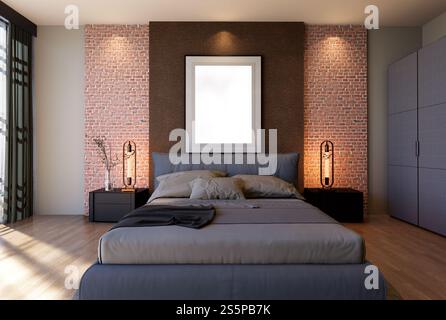 3D-Illustration, Modellfotorahmen an der Wand des Schlafzimmers, Innenraum von komfortabel mit Luxus und schönen Möbeln, Rendering Stockfoto