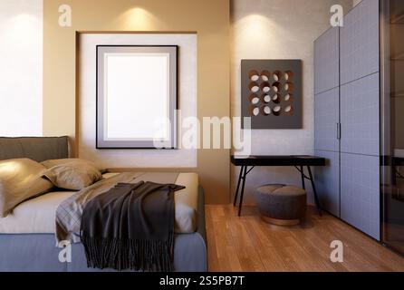 3D-Illustration, Modellfotorahmen an der Wand des Schlafzimmers, Innenraum von komfortabel mit Luxus und schönen Möbeln, Rendering Stockfoto