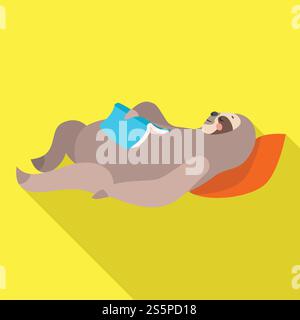 Faultier schläft mit Buchsymbol. Flache Illustration von Faultier schlafend mit Buch-Vektor-Symbol für Web-Design. Faultier schlafend mit Büchersymbol, flacher Stil Stock Vektor