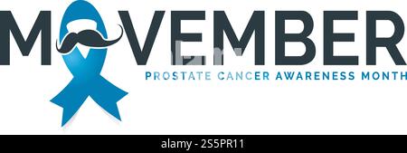 Design für Prostate Cancer Awareness Month im November. Wortwahl movember mit realistischem blauem Band. Designvorlage für Poster. Vektorabbildung. Stock Vektor