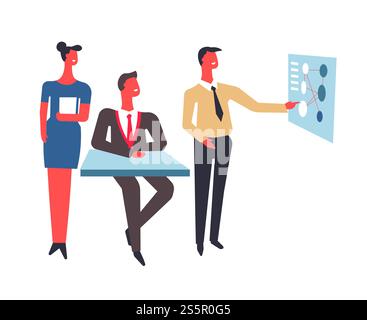 Vortrag von Geschäftsleuten, Konferenzteilnehmern, die Ideenvektor, Unternehmensgründungen und innovative Lösungen diskutieren, die von Mitarbeitern des Unternehmens vorgeschlagen werden. Zuhörer und Partner eines neuen Projekts. Vortrag von Geschäftsleuten, Gesprächspartner auf der Konferenz Stock Vektor