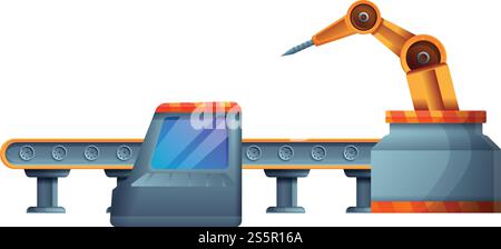 Symbol für die Montagelinie des Fahrzeugs. Cartoon des Auto-Montagelinie-Vektorsymbols für Webdesign isoliert auf weißem Hintergrund. Symbol für die Fahrzeuglinien, Cartoon-Stil Stock Vektor