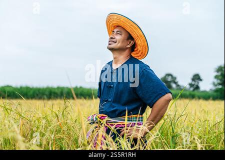 Portrait junger gutaussehender Bauer auf dem Reisfeld, er trägt Strohhut, er steht auf der Taille und blickt mit einem Lächeln in den Himmel Stockfoto