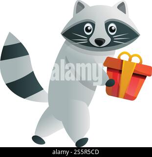 Symbol für Waschbär-Geschenkbox. Cartoon des Waschbär Geschenkbox Vektor-Symbol für Web-Design isoliert auf weißem Hintergrund. Waschbär-Geschenkbox-Symbol, Cartoon-Stil Stock Vektor