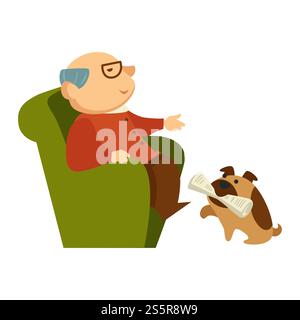 Netter brauner Hund, Welpe, der Zeitung für lächelnden Opa holt, der im Sessel sitzt, bunter Zeichentrick, flache Konzept-Vektorillustration auf weißem Hintergrund. Ein Hund holt eine Zeitung für Opa, der im Sessel sitzt Stock Vektor