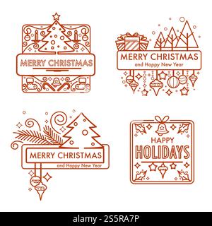 Frohe Weihnachten Winterfeiertagschilder, einfarbige Skizzen mit Geschenken und Symbolen Vektor. Glocken und Spielzeug, hausgemachte Kekse, Weihnachtsgebäck und Geschenke. Kiefer mit leuchtenden Girlanden dekoriert. Frohe Weihnachten monochrome Skizzen mit Geschenken und Symbolen Vektor. Stock Vektor