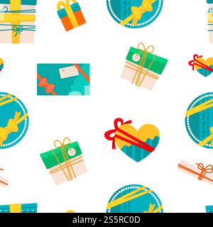 Geschenke und Geschenke in verschiedenen Formen für besondere Anlässe Vektor nahtlose Muster von Boxen mit Überraschung innen verpackt in spezielle Papiere geformte Bänder und Bogen Dekoration Feier Zeit.. Geschenke und Geschenke in verschiedenen Formen für Anlässe Stock Vektor