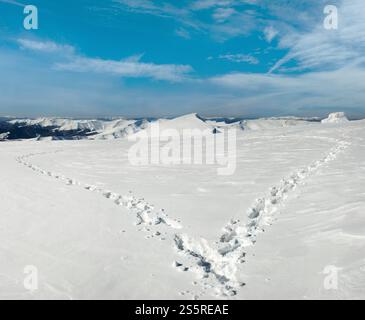 Menschlichen Fußabdruck bilden die Herzform auf schneebedeckten Berg-Plateau und Bergketten hinter. Stockfoto