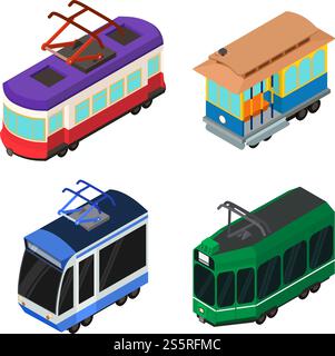 Symbole für Straßenbahnwagen gesetzt. Isometrischer Satz von Straßenbahnwagen-Vektorsymbolen für Webdesign isoliert auf weißem Hintergrund. Straßenbahnwagen-Symbole gesetzt, isometrischer Stil Stock Vektor