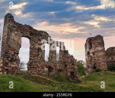 Buchach Burgruine mit ukrainischen Flagge, Oblast Ternopil, Ukraine. Aus dem 14. Jahrhundert. Stockfoto