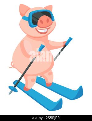 Skiaktivität des Ferkels, symbolisches Tier des Neujahrsvektors. Chinesisches Sternzeichen von 2019, orientalische Tradition mit astrologischen Zeichen. Schwein hat Spaß mit Winterhobbys, Schweine mit Skibrille. Skisport-Aktivität des Ferkels, symbolisches Tier des Neujahrs Stock Vektor