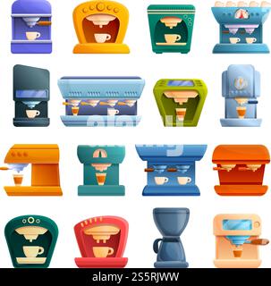 Symbole für die Kaffeemaschine eingestellt. Zeichentricksatz der Kaffeemaschine Vektorsymbole für Webdesign. Symbole für die Kaffeemaschine, Zeichentrickstil Stock Vektor