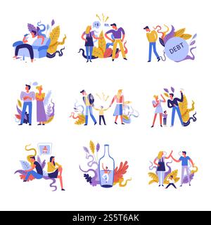 Familiäre Probleme und Meinungsverschiedenheiten, Alkoholmissbrauch und Scheidung setzen Vektor. Ein paar Mann und Frau streiten, verheiratete Frau und Ehemann trennen sich. Kindervernachlässigung und Alkoholismus-Krise des Mannes. Familiäre Probleme und Meinungsverschiedenheiten, Alkoholmissbrauch und Scheidung Stock Vektor