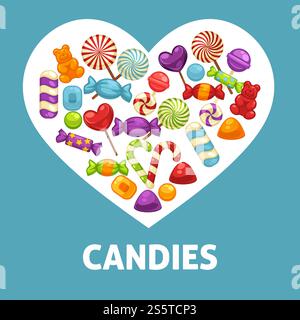 Poster mit Süßigkeiten und Karamellbonbons für Süßwaren oder Süßigkeiten. Vektor-Ikonen von Marmeladenbären, Lollipops, Zuckerlutscher oder harten Süßigkeiten und Toffee Comfits und Bonbonbonbons. Poster mit Süßigkeiten und Karamellbonbons für Süßwaren oder Süßigkeiten. Stock Vektor