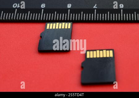 Zwei kleine microSD-Speicherkarten liegen auf rotem Hintergrund neben einem schwarzen Lineal. Ein kleiner und kompakter Daten- und Informationsspeicher Stockfoto