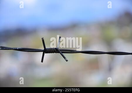 Makroaufnahme eines Elements von alten und rostigen Stacheldraht mit einem verschwommenen Hintergrund. Fragment eines Dorfes Zaun einer territorialen Website Stockfoto