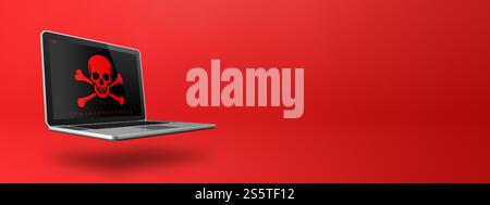 Laptop mit Piratensymbol auf dem Bildschirm. Hacking und Virenkonzept. 3D-Illustration isoliert auf rotem Hintergrund. Horizontales Banner. Laptop mit Piraten Stockfoto