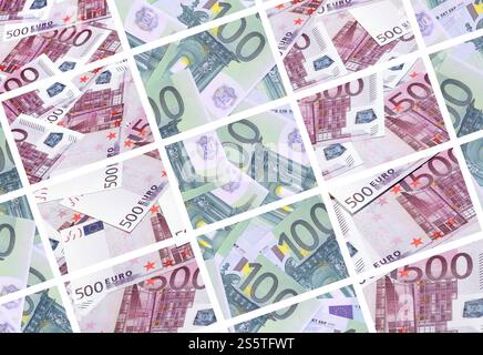 Eine Collage aus vielen Bildern von Hunderte von Dollar und Euro Rechnungen in einem Haufen Lügen Stockfoto