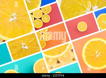 Eine Collage von vielen Bildern mit saftigen Orangen. Einstellen von Bildern mit Früchten auf Hintergründe in verschiedenen Farben Stockfoto