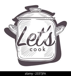 Kochkurse, Kurse, Lebensmittelzubereitung, Küchengeschirr thematische Skizze von Kochtopf, niederländischer Ofen, Pfanne mit Deckel und Text, Konzept flache Vektor-Illustration. Kochkurse, Skizze der Zubereitung von Speisen mit einem Topf Stock Vektor