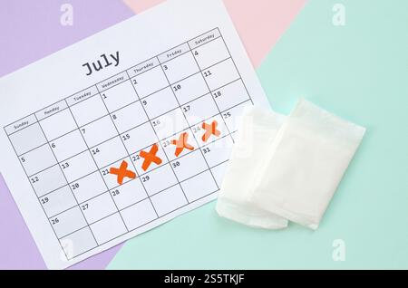 Flache Lay-Komposition mit Kalender- und Menstruationstampons und Polsterpackungen auf blaurosa und lilafarbenem Pastellhintergrund. Gynäkologisches Konzept. Kritische Tage Stockfoto