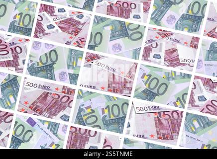 Eine Collage aus vielen Bildern von Hunderte von Dollar und Euro Rechnungen in einem Haufen Lügen Stockfoto