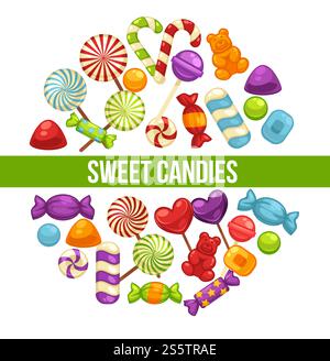 Poster mit Süßigkeiten und Karamellbonbons für Süßwaren oder Süßigkeiten. Vektor-Ikonen von Marmeladenbären, Lollipops, Zuckerlutscher oder harten Süßigkeiten und Toffee Comfits und Bonbonbonbons. Poster mit Süßigkeiten und Karamellbonbons für Süßwaren oder Süßigkeiten. Stock Vektor