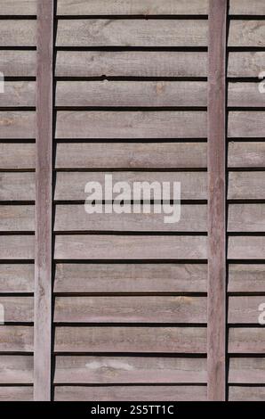 Vertikale Textur einer Wand aus mehreren Reihen von Braun alte hölzerne Bretter. Bemalte Holzwand in brauner Farbe Stockfoto